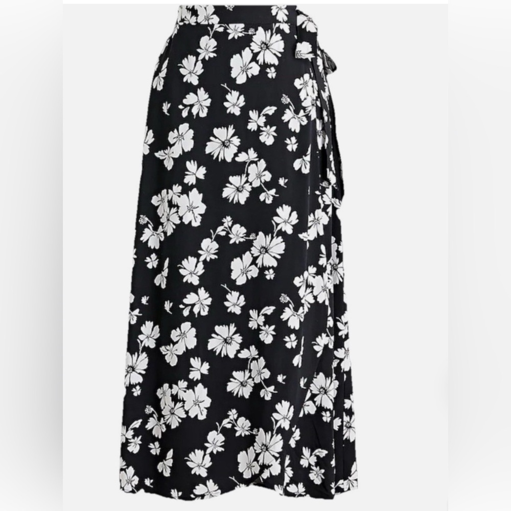 J. Crew Black and White Floral Faux Wrap Midi Skirt